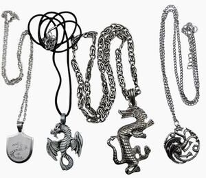 Lot of 4 Dragon Pendant Necklaces Silvertone Pewter Biker Gothic Chinese Shield